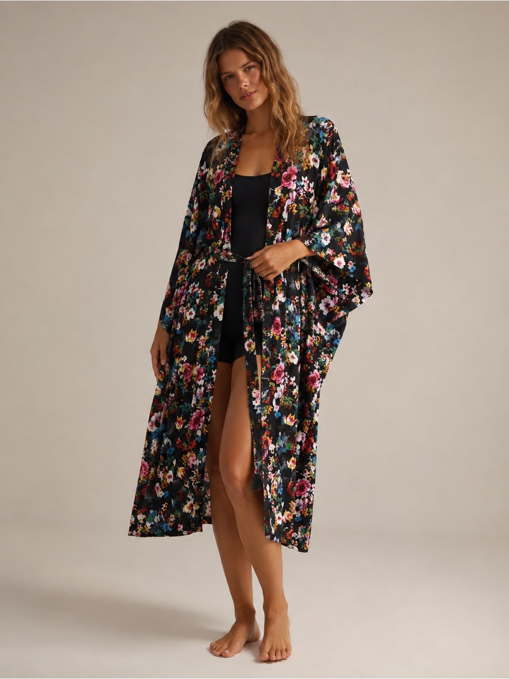 Black Floral Open-Front Caftan Kimono One Size